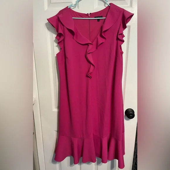Lane Bryant Vibrant Pink Ruffle Mini Dress Sz 18 - Picture 3 of 9